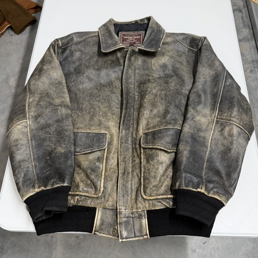 American Classics Bomber Jacket Mens XL Brown Excellent Distressed Leather A-2